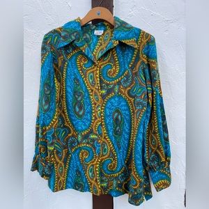 Vintage VERA Neumann Button Up Blouse / Blue, Brown, & Gold Paisley Sm/Med